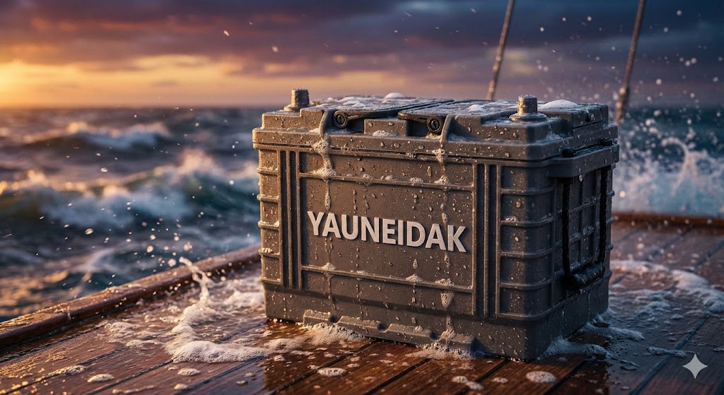 A close-up, cinematic shot of a rugged marine battery sitting on the wet deck of a boat. Ocean spray and water droplets are splashing onto the battery casing, beading off the surface to show water resistance. In the background, out of focus, is a rough sea and a sunset. The battery looks incredibly durable and tough. The lighting is dramatic, highlighting the texture of the wet battery.