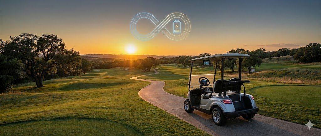 A wide-angle landscape shot of a golf cart driving down a winding path on a beautiful golf course towards a golden sunset. The path seems to go on forever. A subtle graphic overlay in the sky shows an infinity symbol (∞) linked to a battery icon, symbolizing endless power and long life. The golf cart looks modern and powered up.