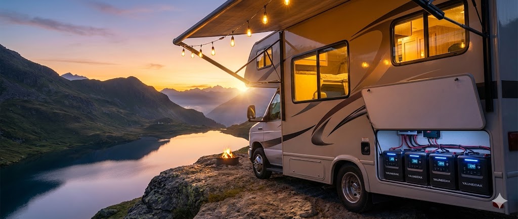A detailed, high-quality close-up shot inside the battery compartment of a luxury RV. Three modern, sleek lithium batteries are neatly installed with clean, organized red and black wiring. A digital monitor next to them glows brightly showing "100% SOC - BEST PERFORMANCE". The background is a gently blurred, comfortable RV living space. The look is clean, high-tech, and reliable.