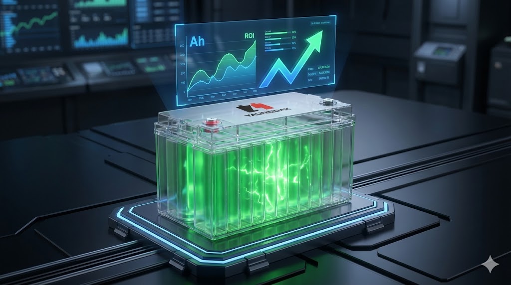 A sleek, high-tech lithium battery pack sitting on a futuristic surface, glowing green energy flowing inside, a holographic digital interface floating above showing "Ah" and "ROI" charts, upward trending financial arrow, cinematic lighting, depth of field, photorealistic 3D render, 8k resolution, professional commercial photography style --ar 16:9