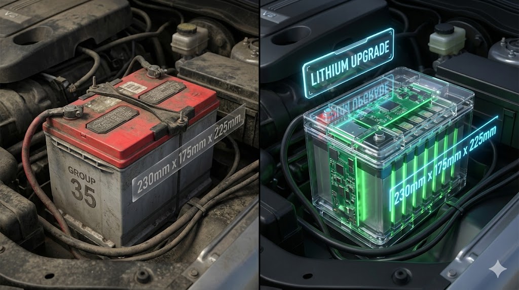 A split-screen visual showing a car engine bay, left side: an old, traditional lead-acid battery with "GROUP 35" text. Right side: a futuristic, sleek lithium iron phosphate battery in the same slot, glowing green inside, clear transparent casing showing internal cells, a glowing "LITHIUM UPGRADE" holographic label. Text overlay showing accurate dimensions like "230mm x 175mm x 225mm" floating, photorealistic 3D render, high-tech engineering style, 8k resolution --ar 16:9