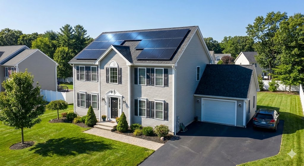 A modern home equipped with a solar energy system on a sunny day
