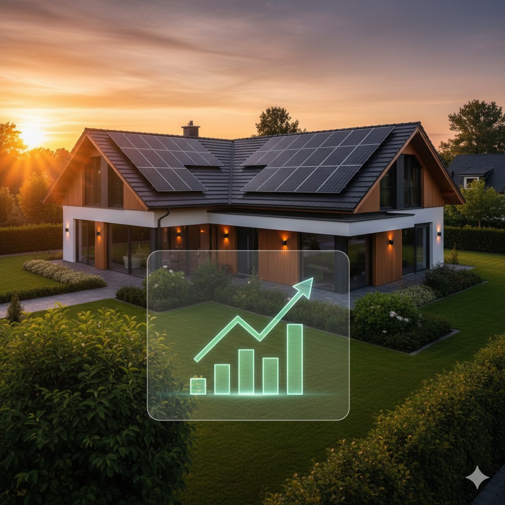 A professional, high-end architectural photograph of a modern luxury suburban house with sleek black solar panels integrated perfectly on the roof. In the foreground, a subtle, semi-transparent 3D glowing bar chart or an upward-trending arrow icon representing real estate value growth. Sunset lighting, warm and inviting atmosphere, 8k resolution, photorealistic, sharp focus on the house and solar installation.