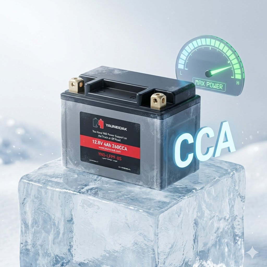 Minimalist 3D isometric illustration of a car battery sitting on a block of ice. A large, bold digital floating text "CCA" next to a glowing gauge showing maximum power. Clean studio background with soft winter lighting. High-quality C4D render, clean, modern tech aesthetic for a B2B website.