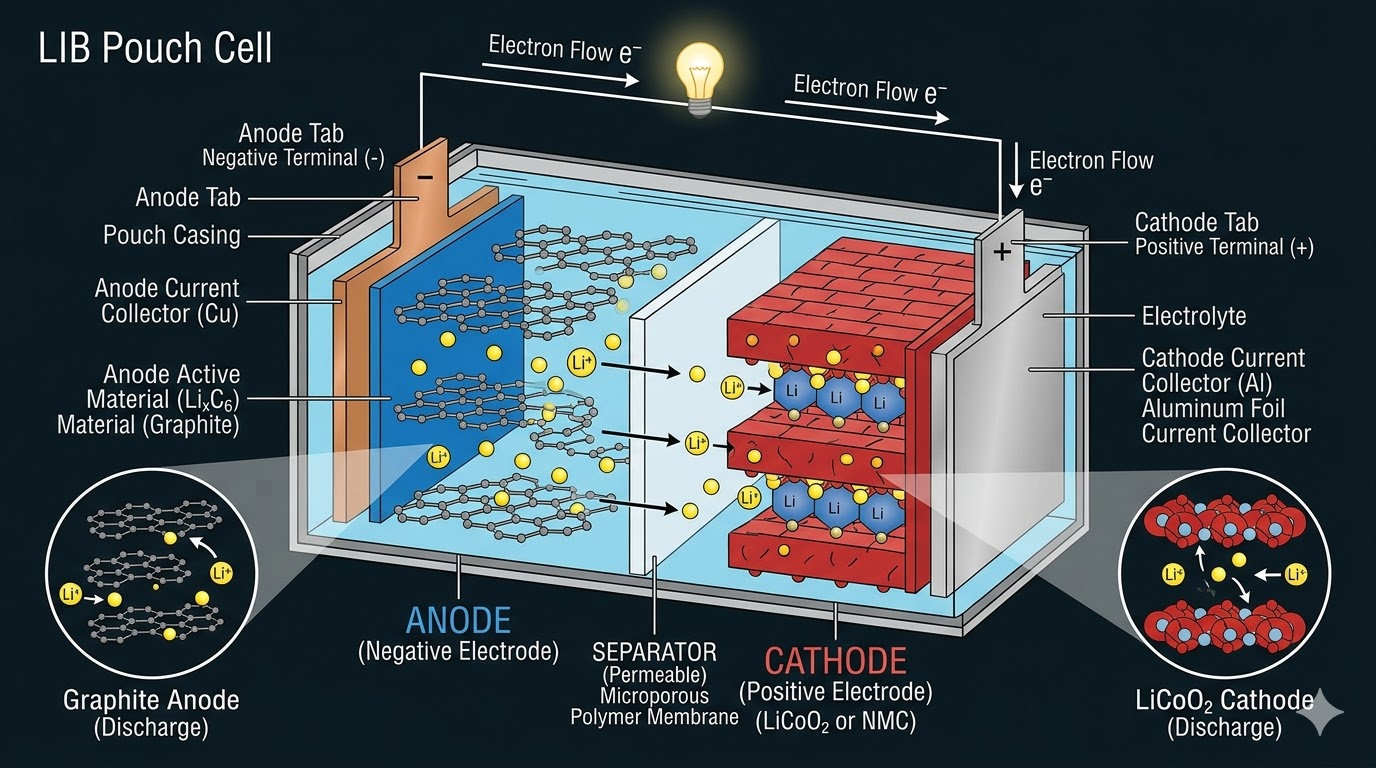 Internal structure of a lithium ion battery showing anode and cathode