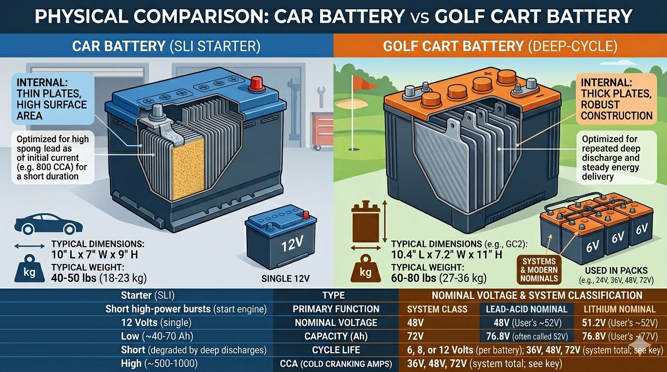 Physical comparison of car battery and golf cart battery